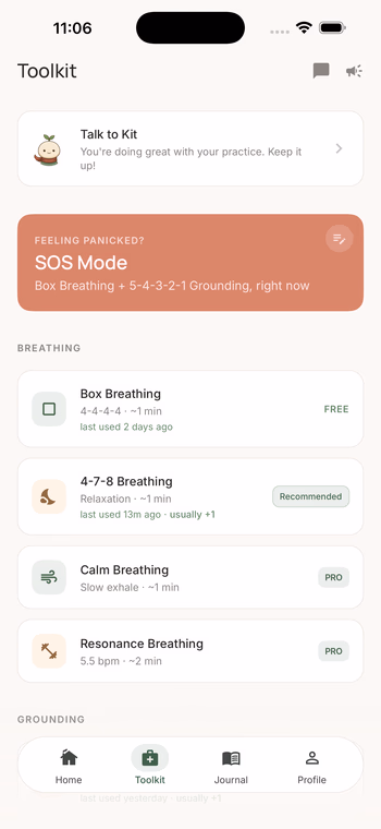 Anxiety Kit SOS mode with guided breathing.