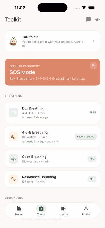 Anxiety Kit SOS mode — guided breathing for active panic.