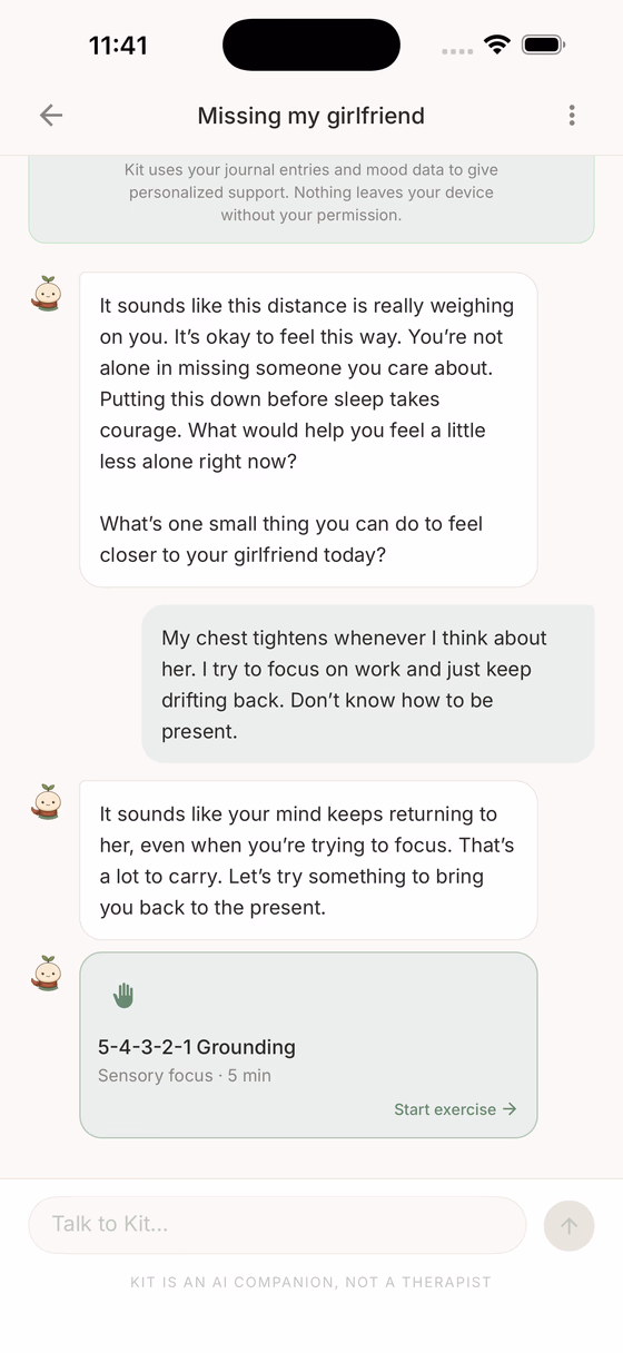 A chat with Kit, the Anxiety Kit AI companion.